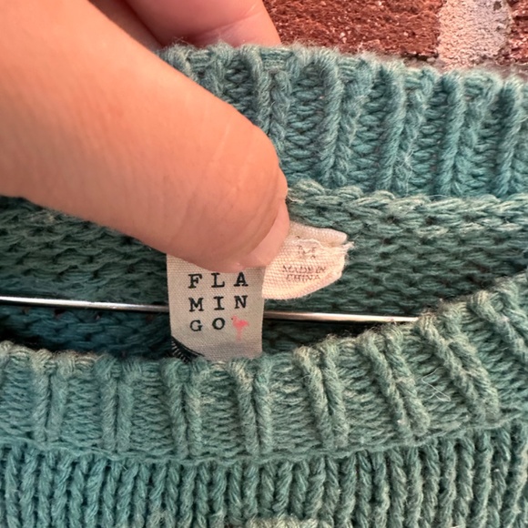 Flamingo Teal Pom-Pom Sweater Women's M | Chunky Knit, Cozy Boho Pullover - Picture 5 of 9